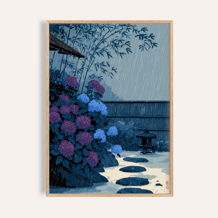 Framed Japanese Rain Print of purple and blue hydrangea bush in rain with stone path
