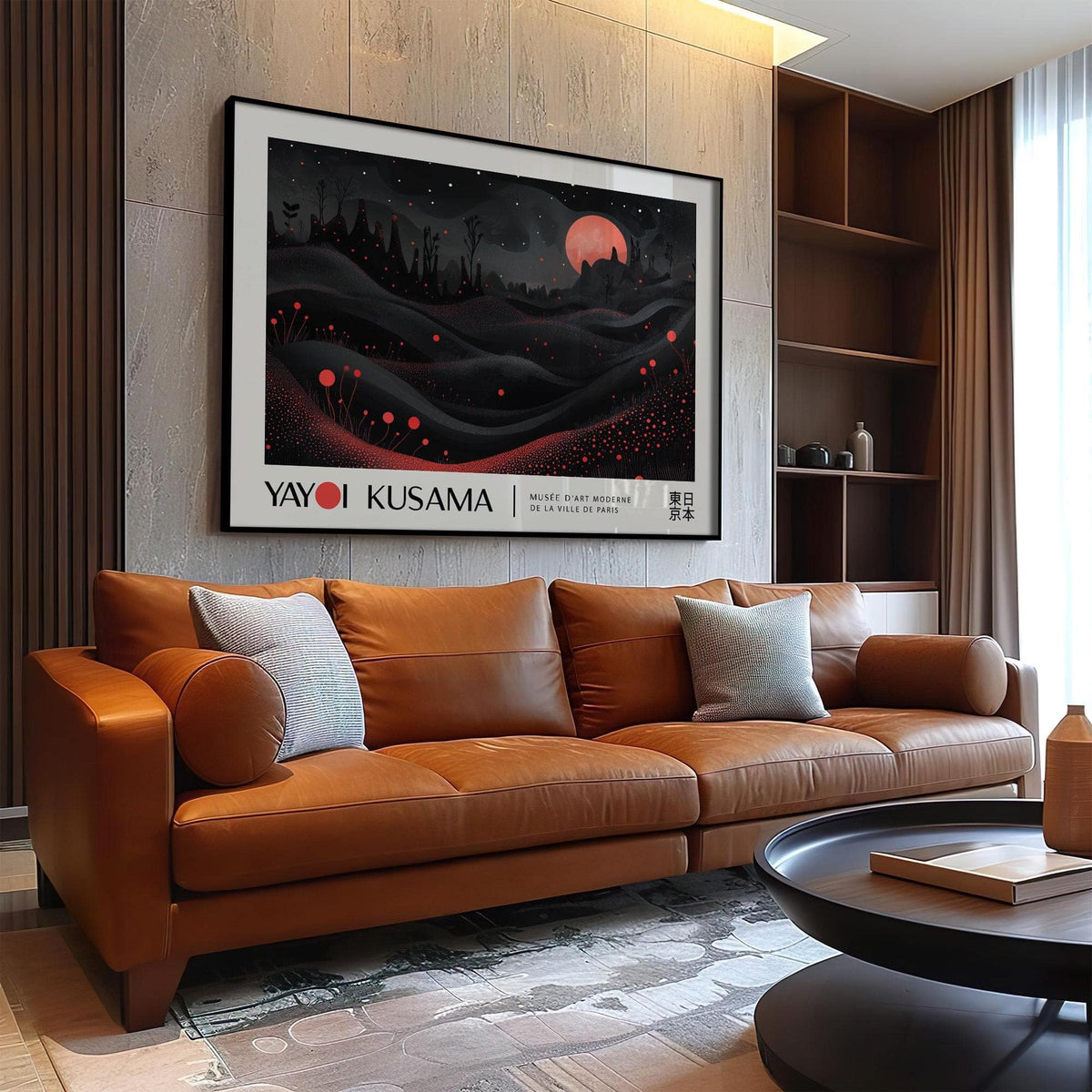 Moon Print hanging above a brown leather sofa showing a red moon abstract landscape in dark tones