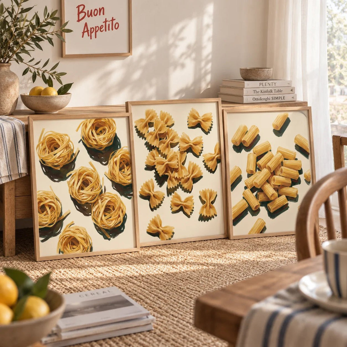 Italian kitchen prints set of 3 with pasta types in minimalist style on a teak shelf with pottery bowl