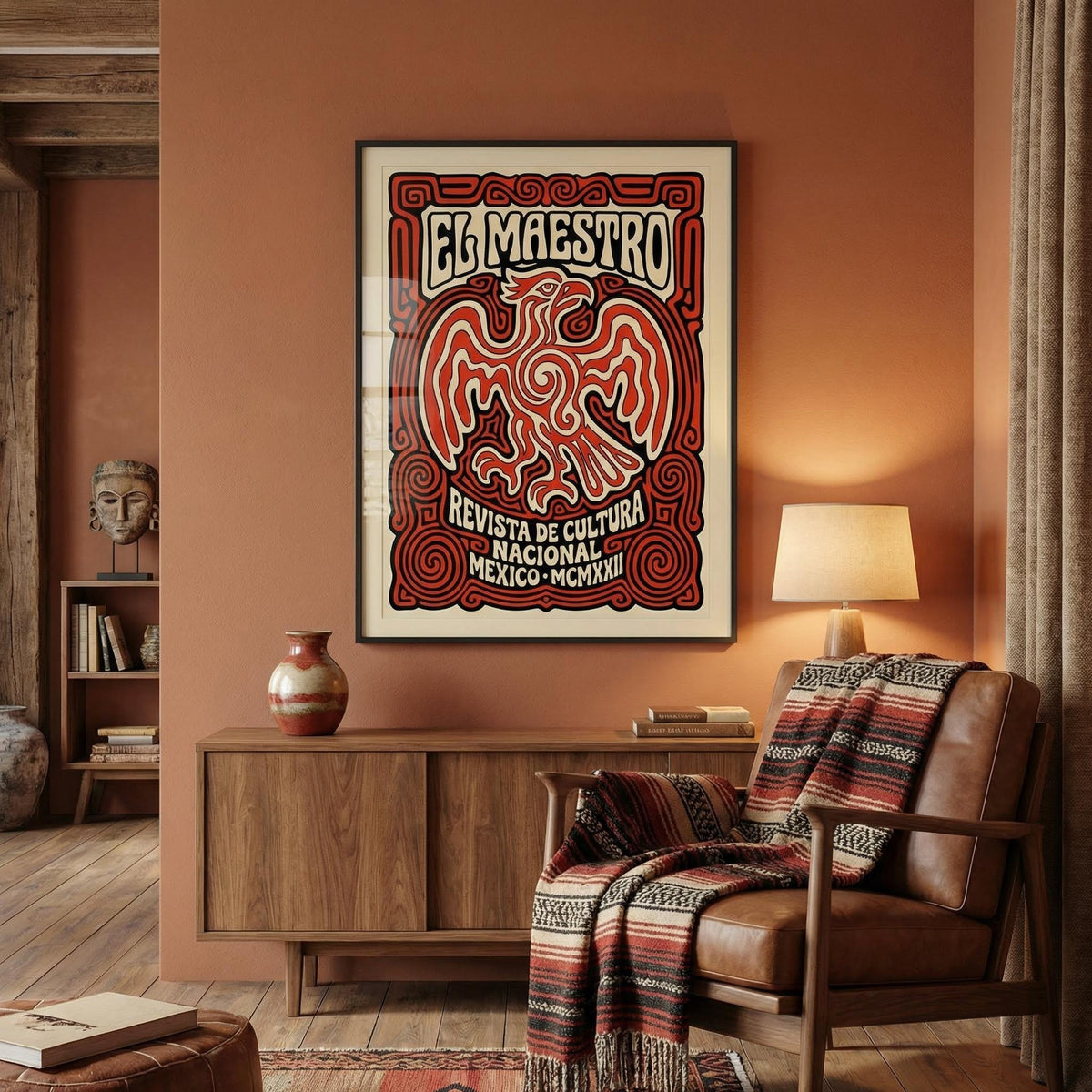 Cultural Mexican Poster print with red and cream Mexican eagle illustration in a living room with armchair and lamp