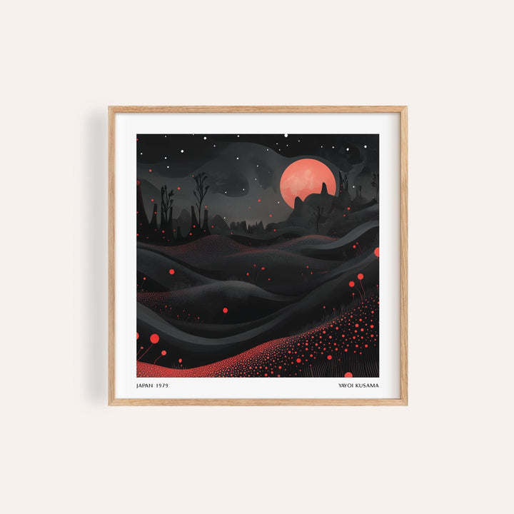 Framed Wall Moon Art showing an abstract red moon landscape with dark hills and red dots