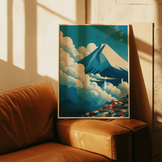 Print leaning on a brown leather sofa showing snowy mountain and village in blue and white tones