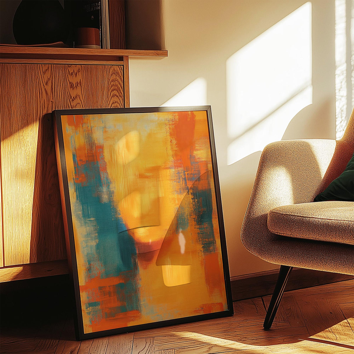 Print leaning on floor showing a blurred human face silhouette in blue and orange near a beige armchair