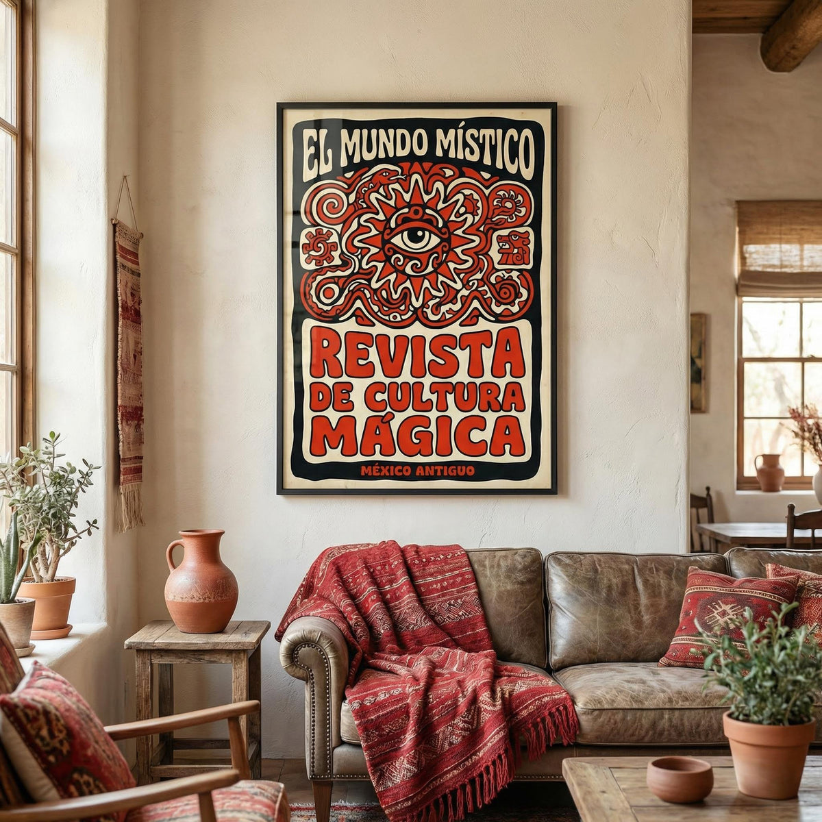Framed Antique Mexican Art Print with red mystical eye folk-art above a sofa with a red throw
