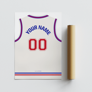 Custom basketball jersey print in plain white with red number lying flat with packaging tube