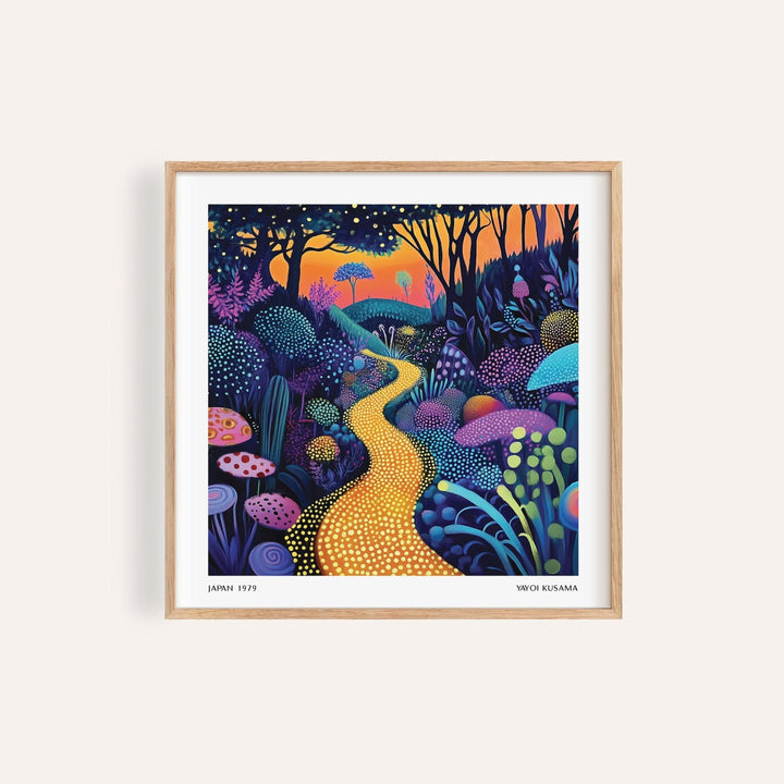 Polka Dot Pop Art framed print of a golden forest path with colourful plants and an orange sky