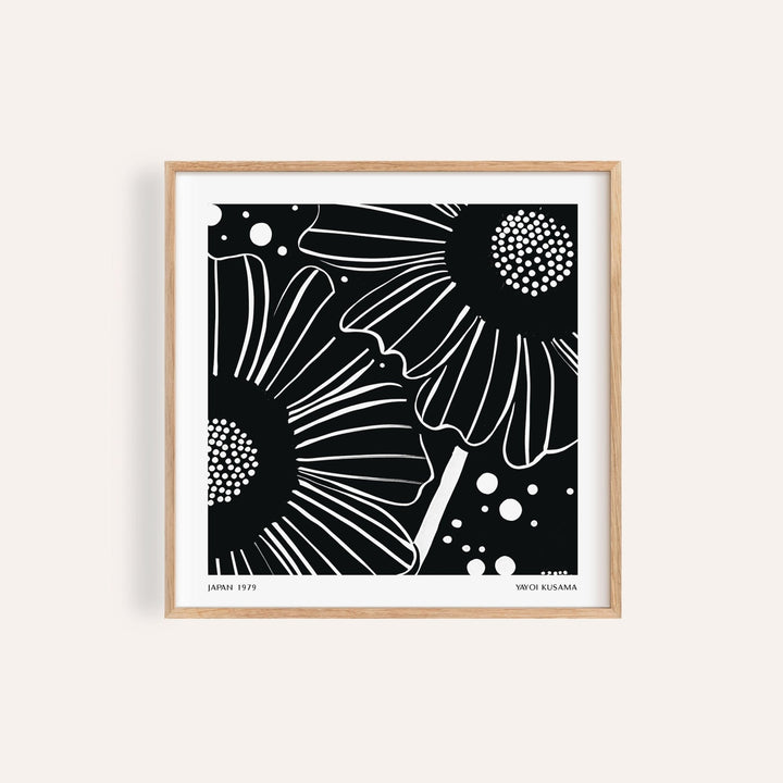 Black White Floral Art of black and white daisy flowers in a wooden frame
