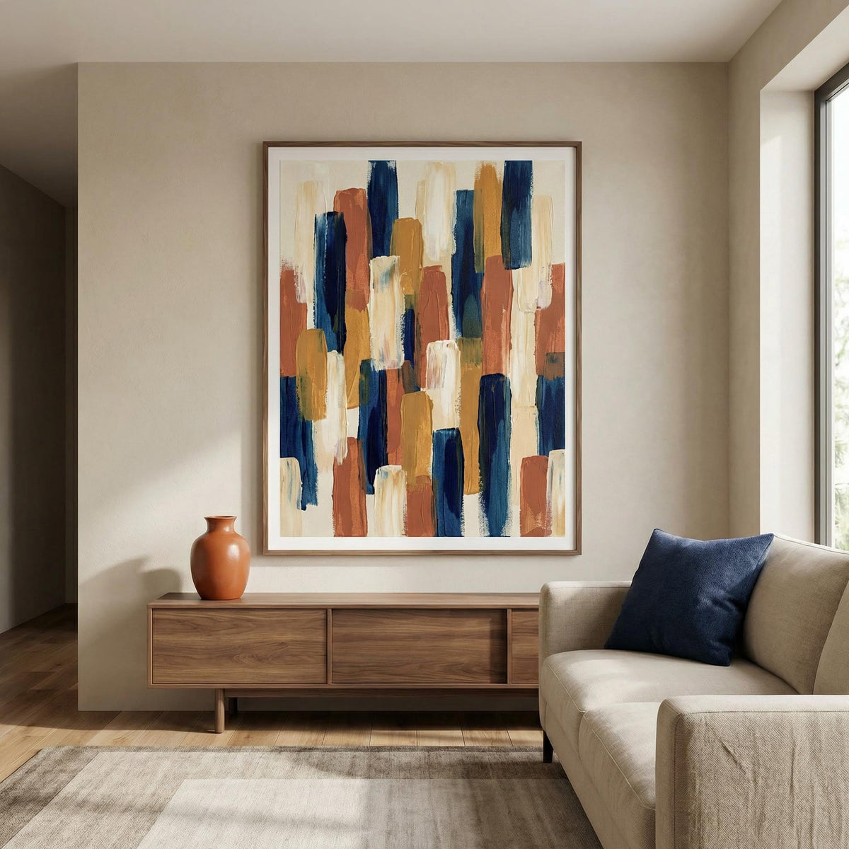 Abstract Color Blocks print on a wall in a lounge with a wooden sideboard and terracotta vase