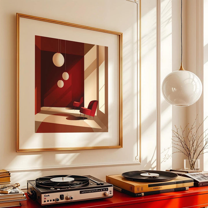 Architectural Interior Art framed print with modern armchairs in red and beige on wall above record players
