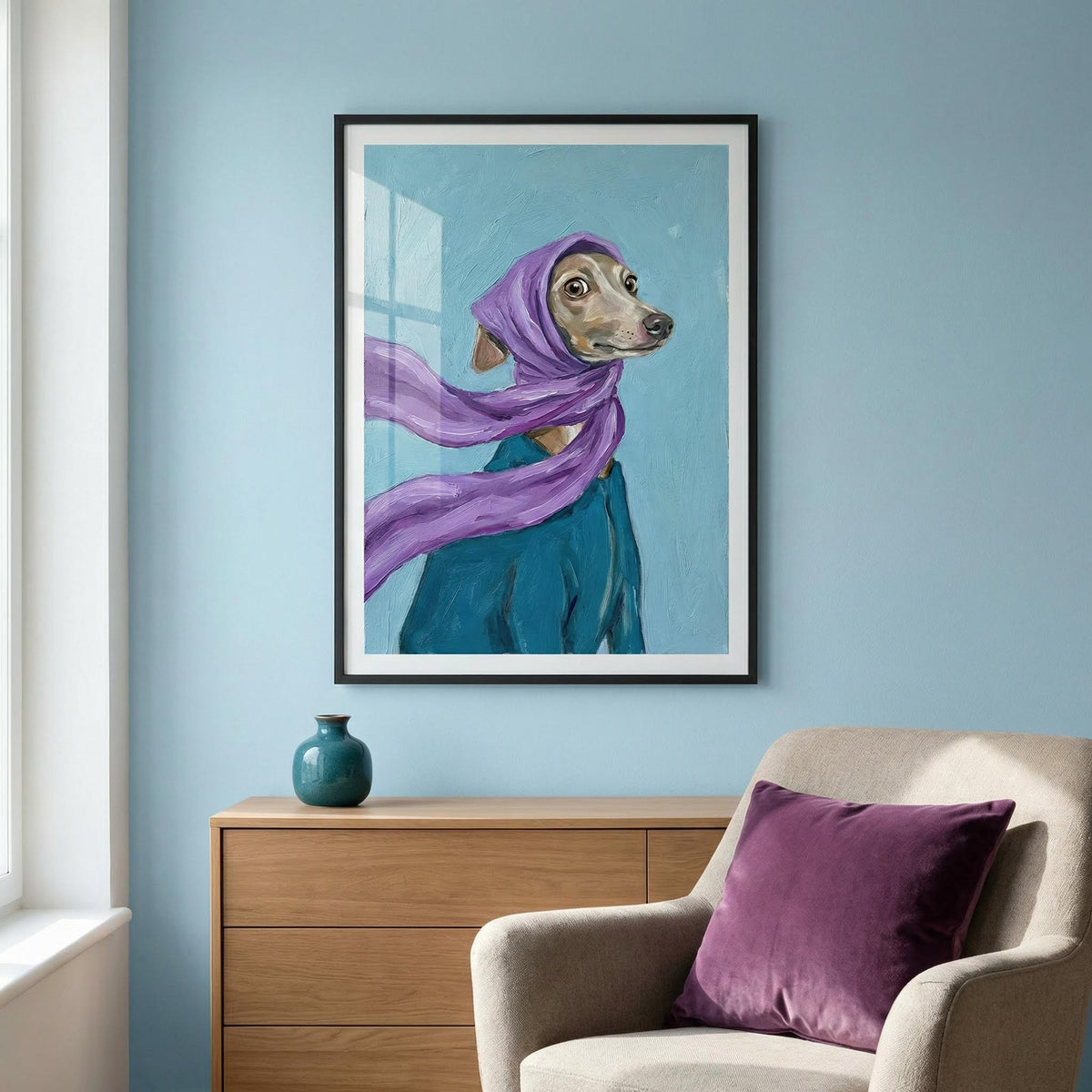 Dressed Up Dog Art print of a dog in a purple scarf in a blue wall room with a purple cushion on a chair