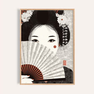 Framed Japanese Geisha Art showing a geisha with a fan in black white and red