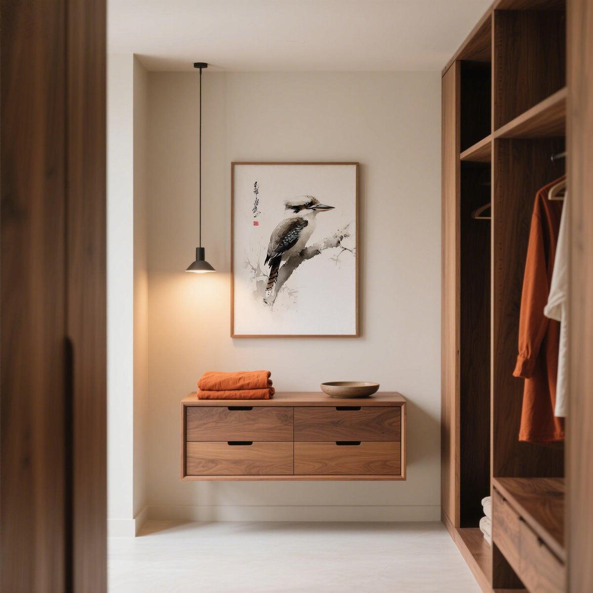 Print on a wall of Japanese bird art kookaburra in watercolour style with earthy tones in a wardrobe room