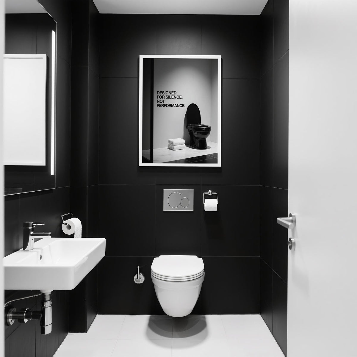 Print on a wall in a modern bathroom featuring funny toilet wall art with black tiles and white fixtures