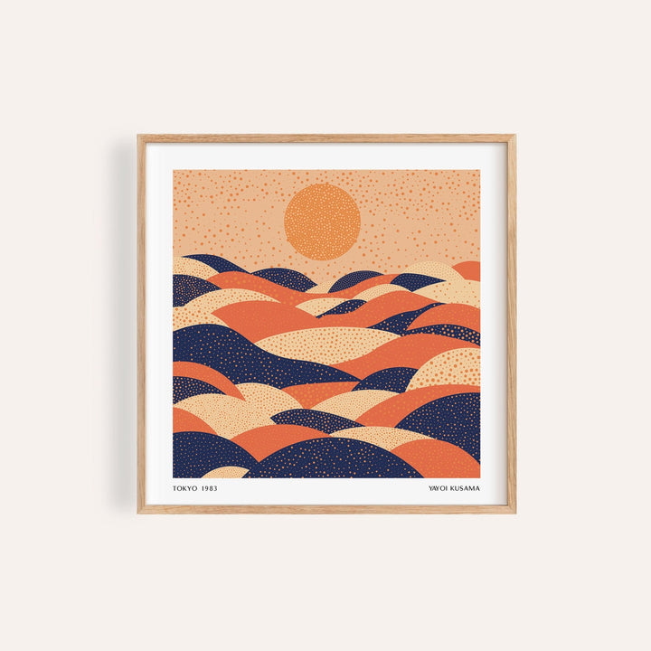 Abstract wall art colorful with abstract hills and sun in orange and navy tones