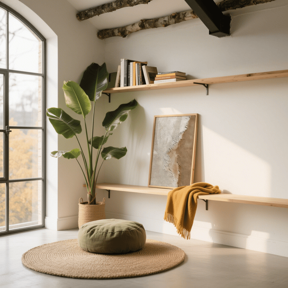 Print leaning on a shelf showing textured abstract surface in beige and cream shades in a bright room with a large plant