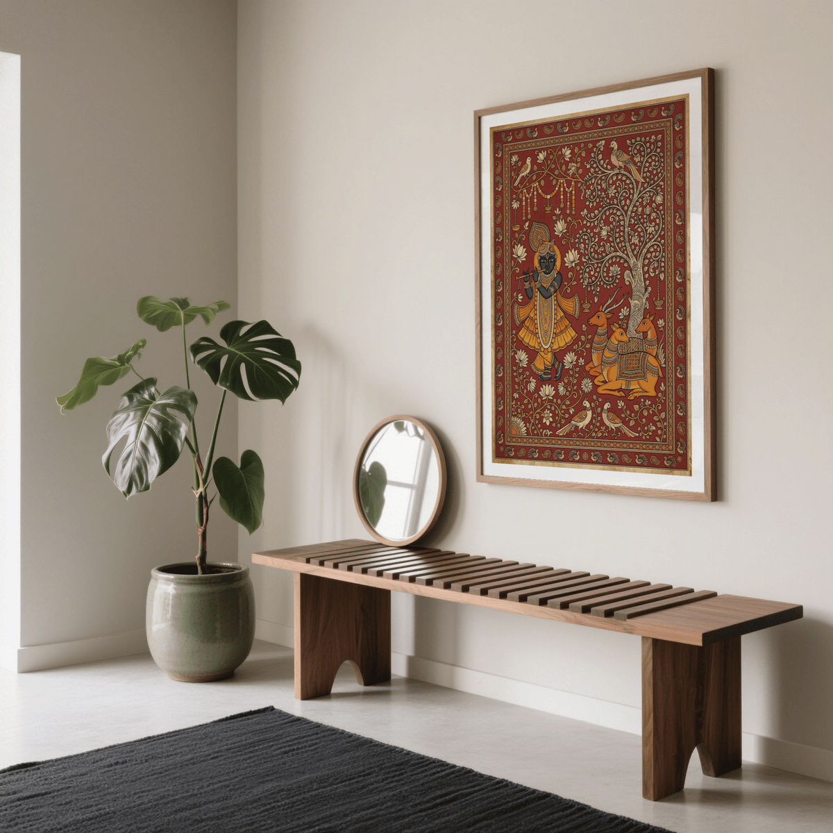 Indian Folk Art Print of Krishna playing flute with animals in warm earthy tones on a living room wall