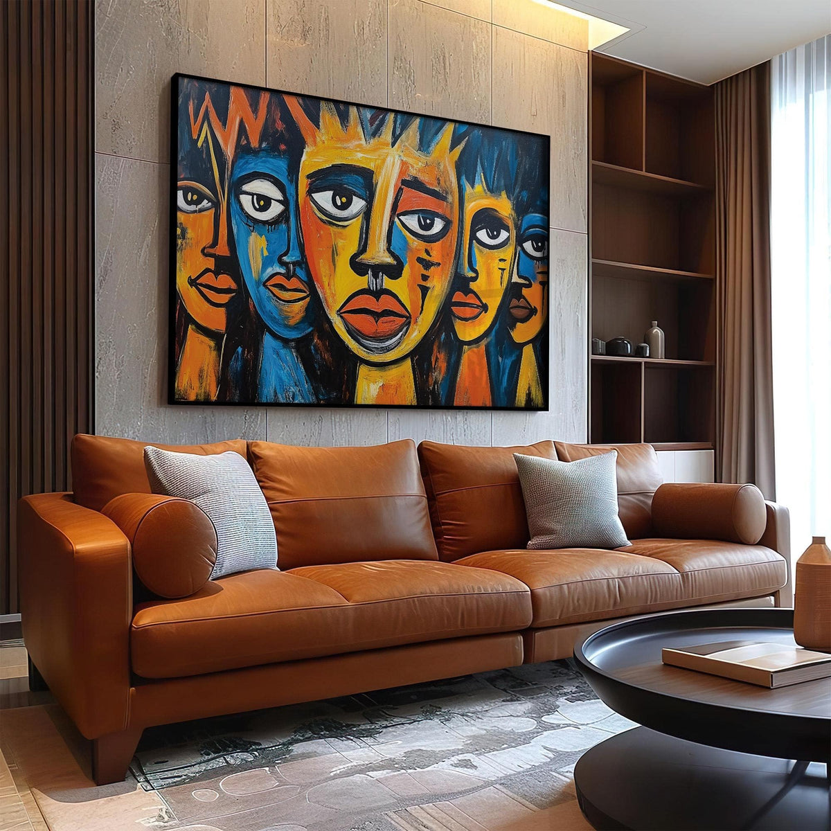 African wall art for living room showing abstract tribal expressionist faces in bold yellow and blue above a brown leather sofa