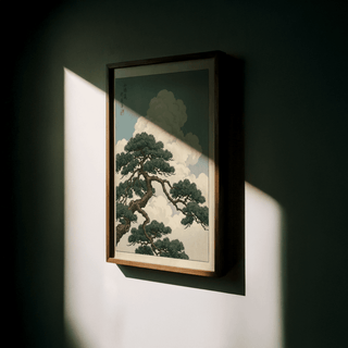 Framed Japanese Landscape Poster of a pine tree branch with clouds in natural light on a wall