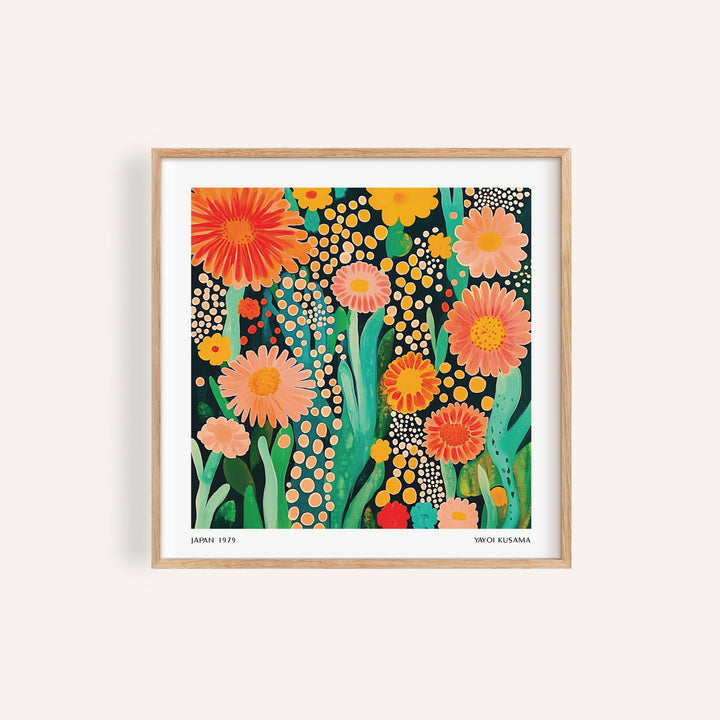 Flowers print of orange and pink flowers in an abstract botanical style in a wooden frame