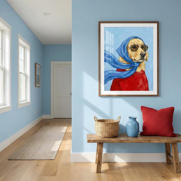 Framed Golden Retriever Art with a blue scarf and sunglasses above a wooden bench with cushion in a hallway