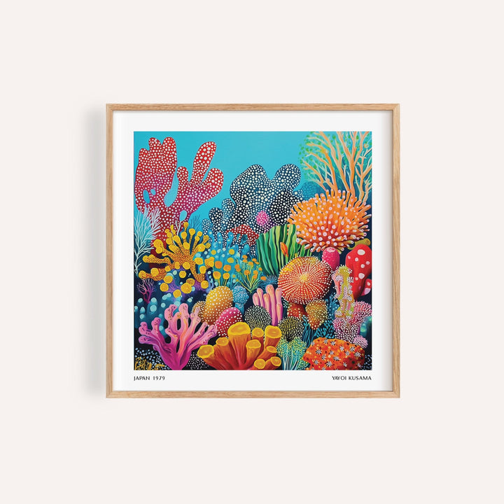 Framed print close-up of a colourful coral reef with vivid reds, blues, and yellows