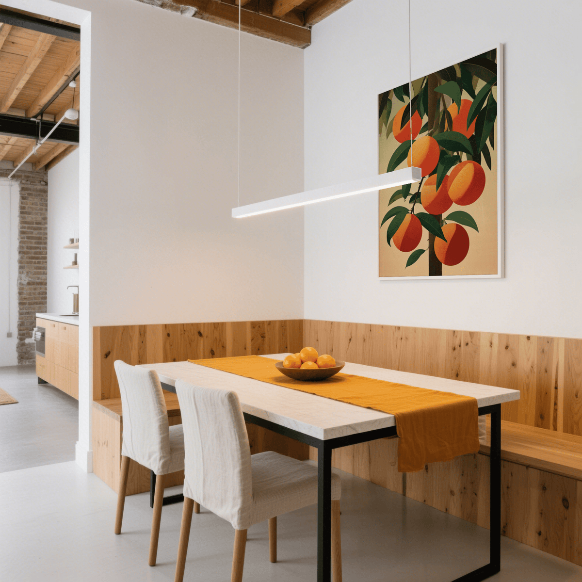 Orange Tree Art print in a dining room with a wooden table and orange runner on the table