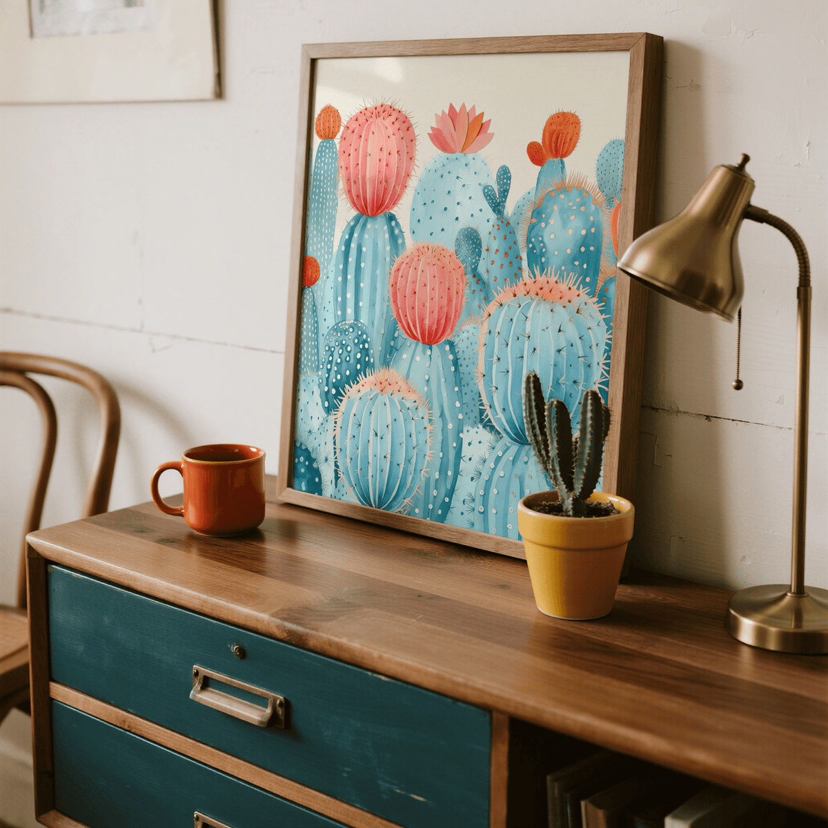Colorful Cactus Print leaning on a wooden sideboard with a potted cactus and a lamp
