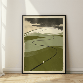 Framed Golf Course Art Print with minimalist retro style in muted green tones leaning on a wooden floor