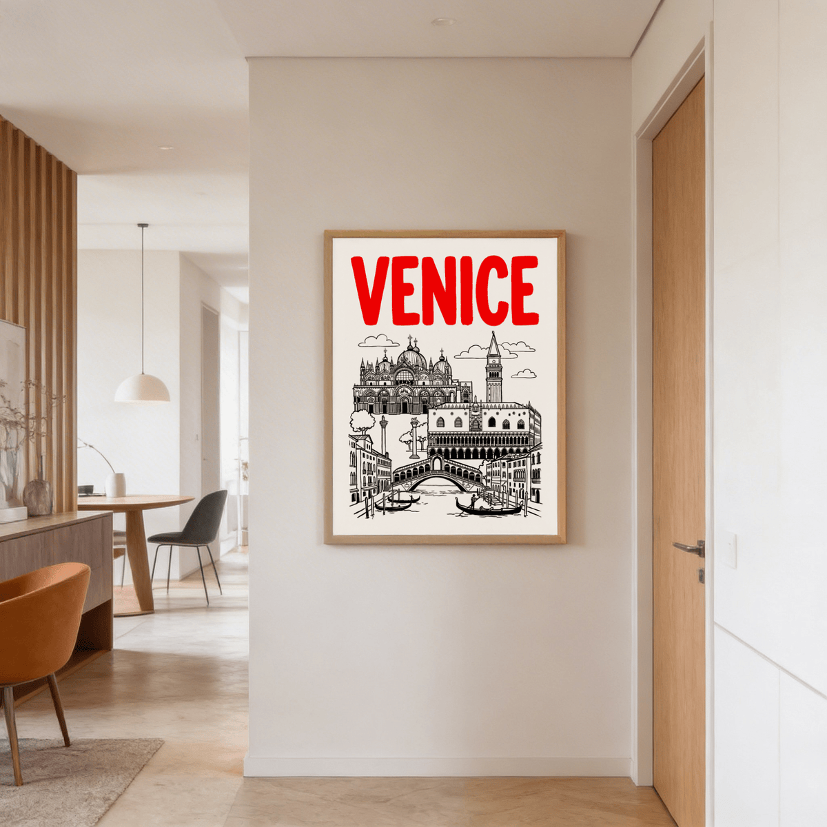 Venice Landmark Art Print in black and red line art hanging in a pale hallway next to a wooden door