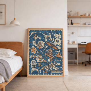 Tsukumogami art print with blue, orange and white spirits leaning on a floor beside a bed in a bedroom