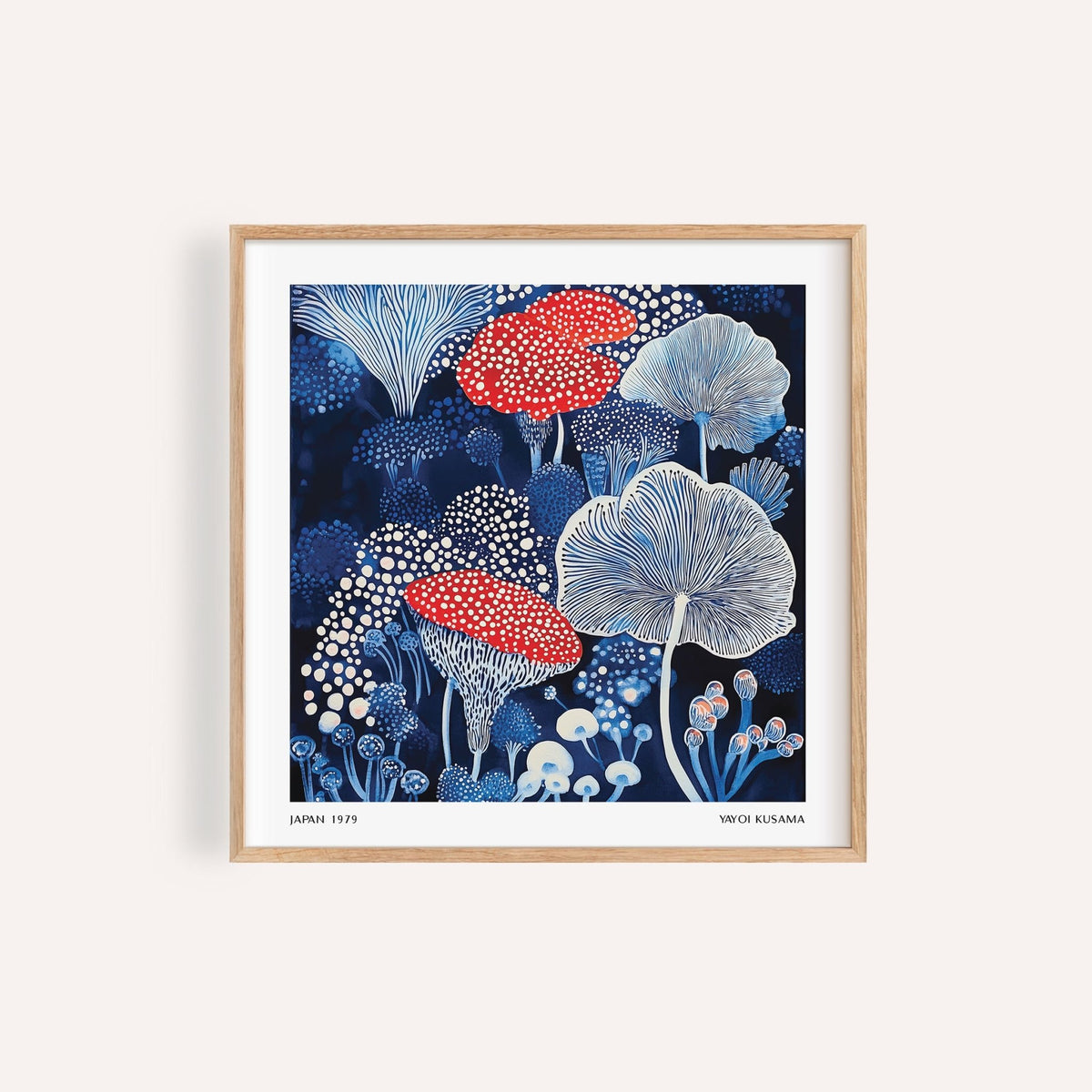 Mushroom Poster framed print close-up showing detailed red and white spotted mushrooms and blue botanical illustration
