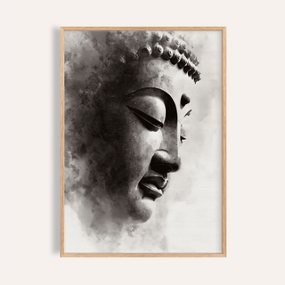 Framed print close-up of Zen Statue Face Art Print in black white watercolour style