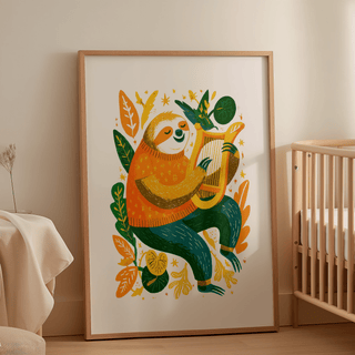 Sloth Art Print print leaning with colourful illustration in a softly lit nursery