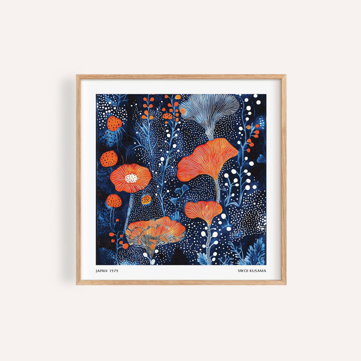 Framed abstract flower art with coral dots and deep blue background