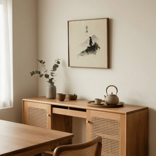 Samurai wall art in Japanese ink style above a wooden sideboard with teapot and vase in a dining room