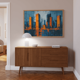 Cityscape wall art with abstract orange and blue skyline above a wooden sideboard with a lamp