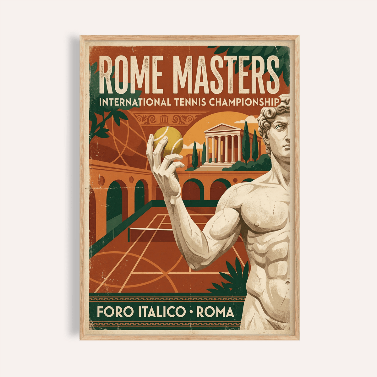 Framed Rome Tennis Championship Poster showing a statue holding a tennis ball in vintage colours