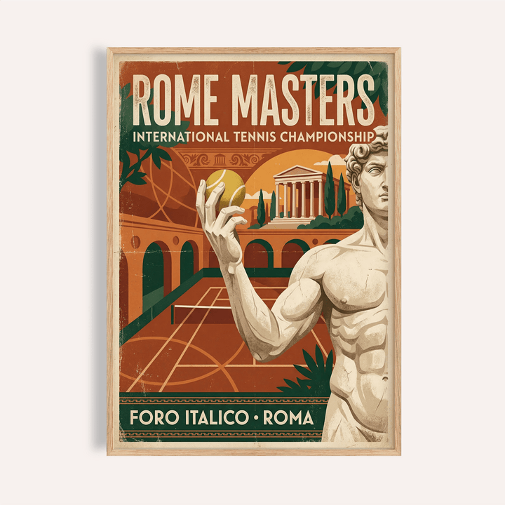 Framed Rome Tennis Championship Poster showing a statue holding a tennis ball in vintage colours