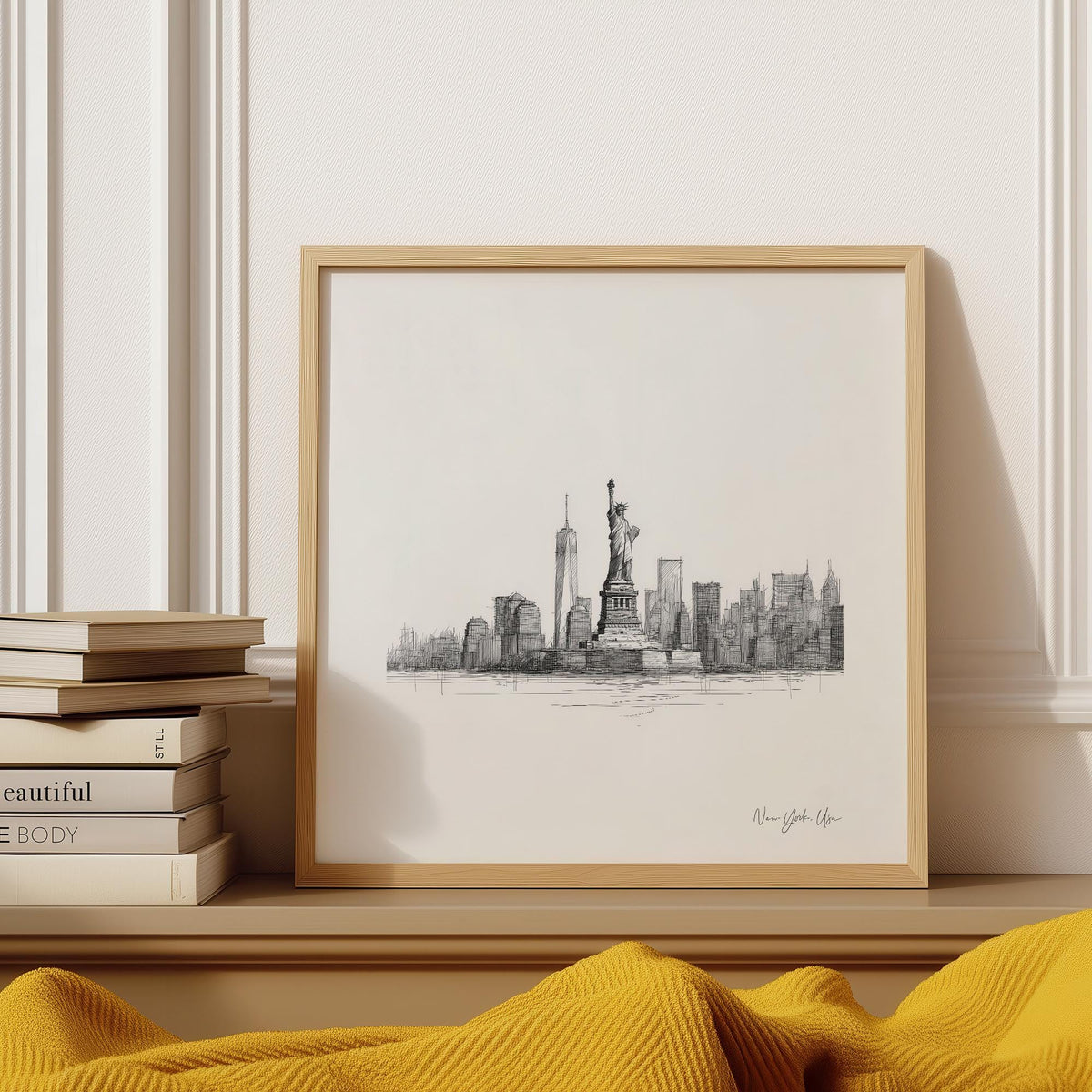 Statue of Liberty print leaning on a shelf with a stack of books and a yellow throw
