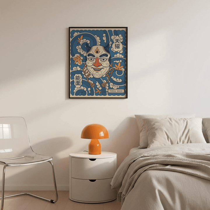 Ornamental mask wall art print with rope tassels and wave pattern poster