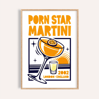Framed close-up of Passion Fruit Martini Print with orange and navy illustration on a white background