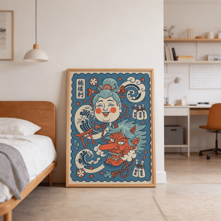 Japanese mythology art print leaning against wall with wooden bed frame in a bedroom