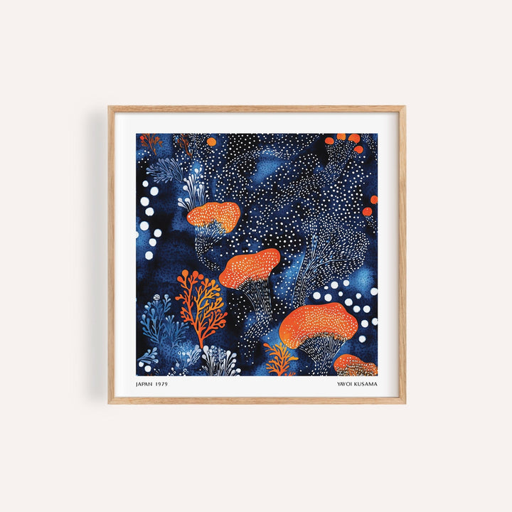 Framed print of abstract floral art with orange mushrooms and blue details