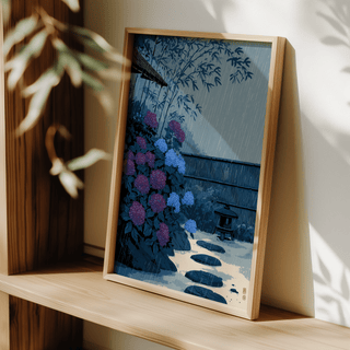 Print leaning on a shelf showing Japanese Rain Print with blue and purple hydrangea flowers and rain