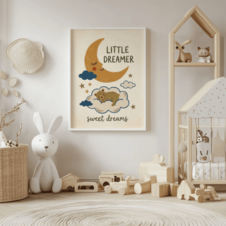 Little Dreamer wall art of sleeping bear and moon in soft colours in a child's playroom with toys