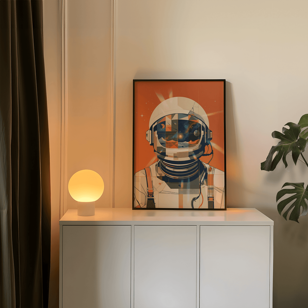 Astronaut poster leaning on a white cabinet with a glowing spherical lamp and a green plant nearby