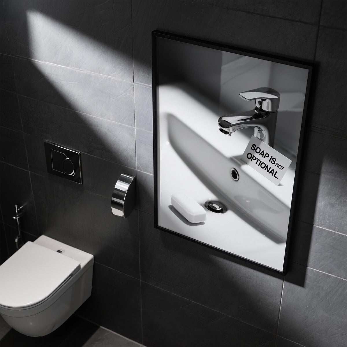 Print on a wall in a bathroom of a sink with soap and a sign about soap usage in monochrome