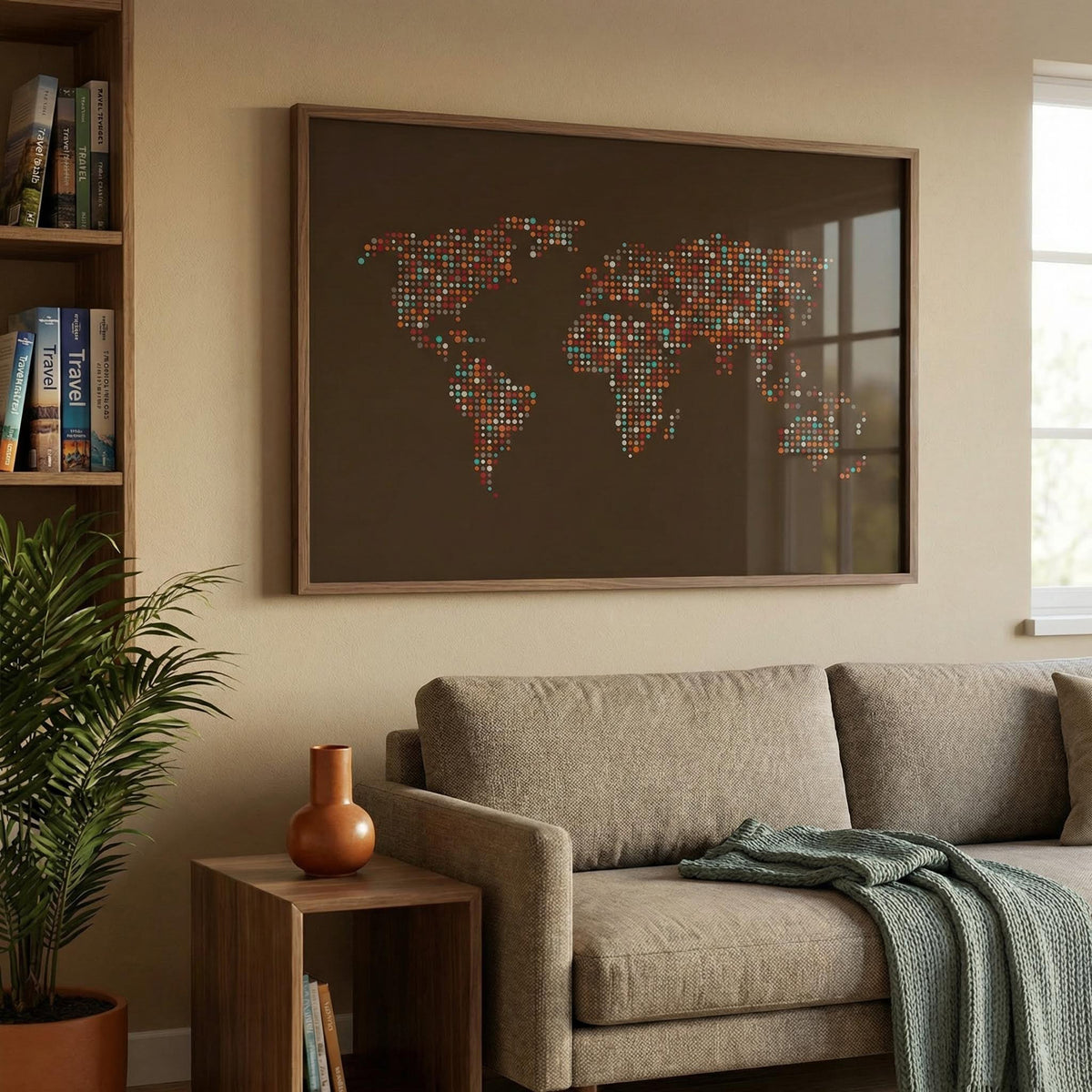 Map Of The World Poster print on a wall with colourful dots above a sofa next to a window