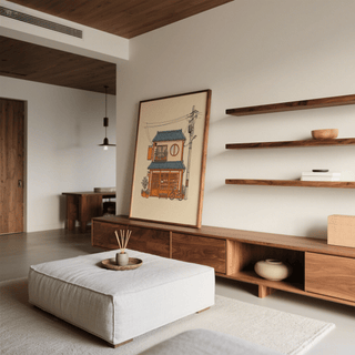 Japanese style art print of a small bakery house leaning on a wooden cabinet in a living room