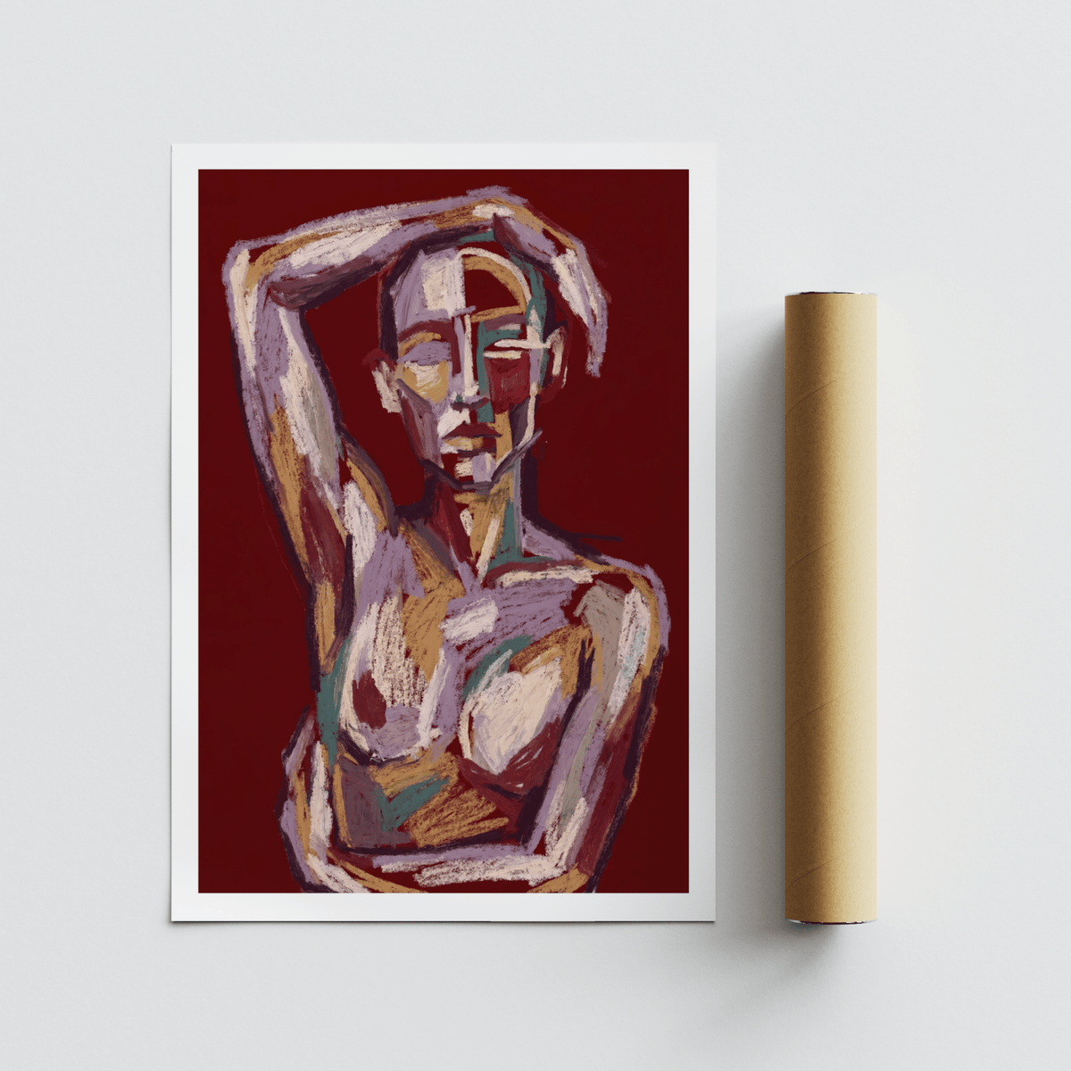 Abstract figure print with a maroon background lying beside a brown packaging tube